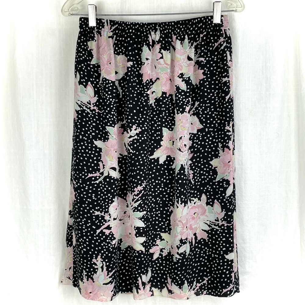 Vintage TESSUTI Floral Print Skirt black pastels polka dots lined 90s